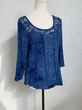 Vintage Blue Lace Sequin Blouse Sheer Y2K Fairycore Whimsigoth Top M